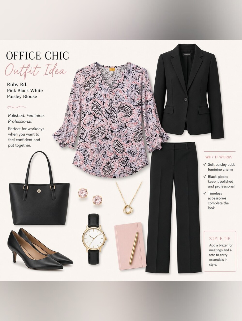 Ruby Rd. Pink Black White Paisley Blouse